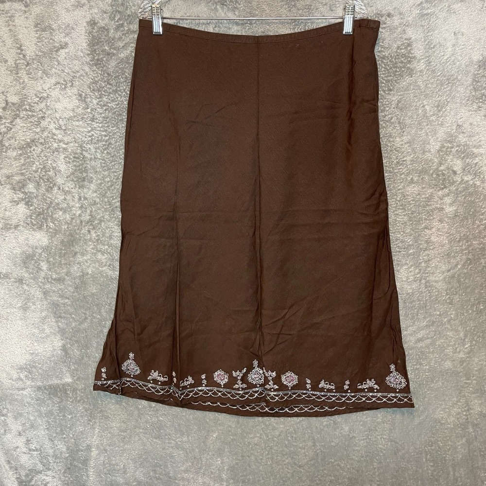 Lane Bryant Women Boho Peasant Linen Blend Beaded Pencil Midi Skirt 14 Brown
